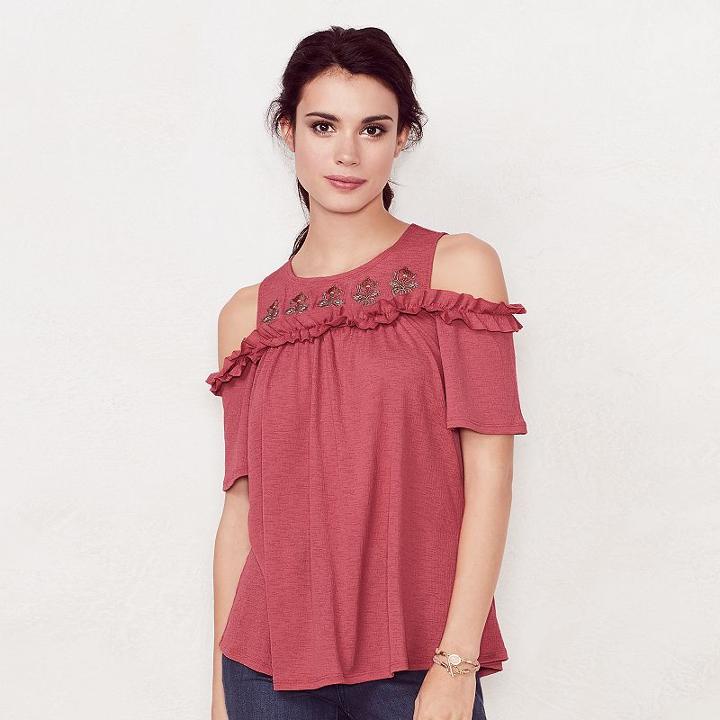 Women's Lc Lauren Conrad Cold-shoulder Ruffle Top, Size: Medium, Orange