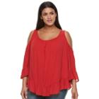 Plus Size World Unity Cold-shoulder Gauze Top, Women's, Size: 1xl, Red Other