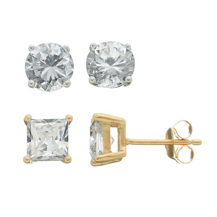 Cubic Zirconia 24k Gold Over Silver Stud Earring Set, Women's, White