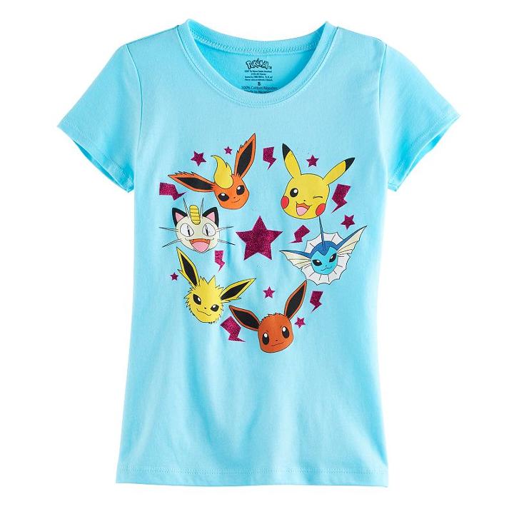 Girls 7-16 Pokemon Pikachu, Eevee, Meowth, Vaporeon, Jolteon & Flareon Graphic Tee, Size: Medium, Med Blue