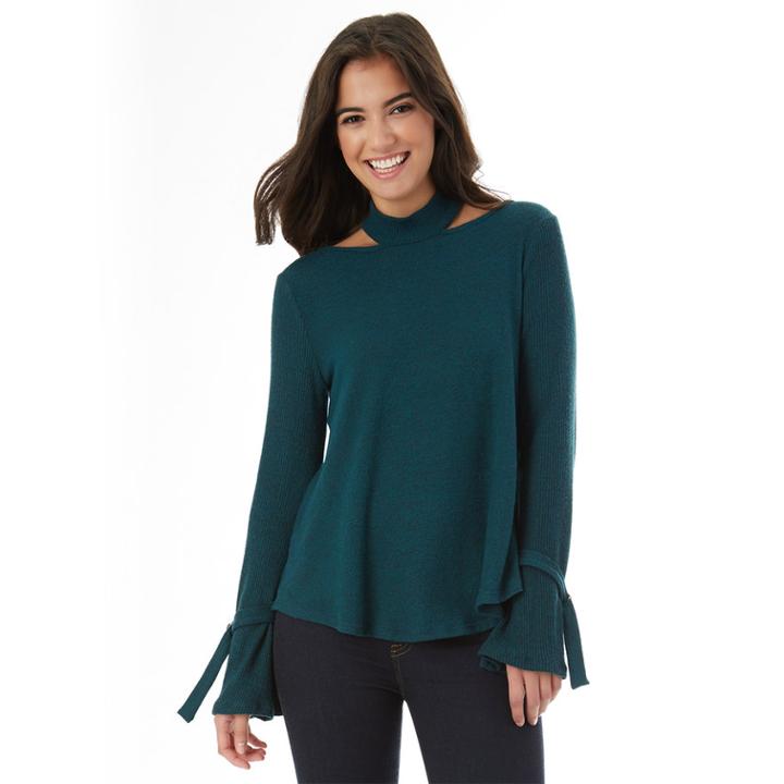 Juniors' Iz Byer California Choker Neck Bell Sleeve Top, Teens, Size: Medium, Dark Green