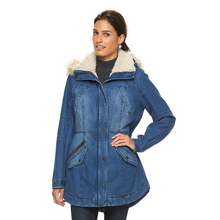 Women's Sebby Collection Hooded Anorak Denim Parka, Size: Medium, Blue