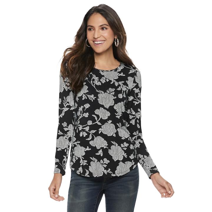 Petite Apt. 9&reg; Essential Long Sleeve Crewneck Top, Women's, Size: Xs Petite, Black