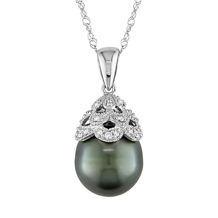 10k White Gold Tahitian Cultured Pearl And Diamond Accent Pendant, Women's, Size: 17, Black