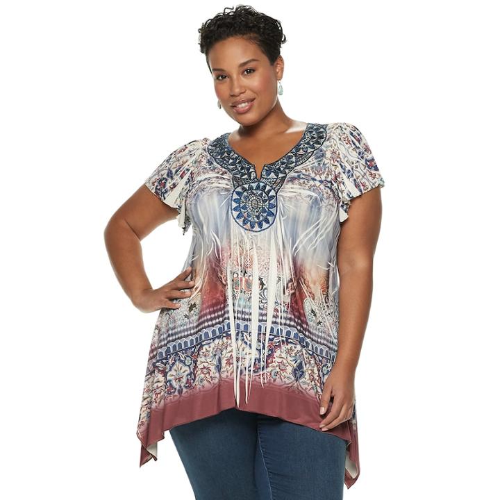 Plus Size World Unity Medallion Sharkbite Top, Women's, Size: 0x, Blue