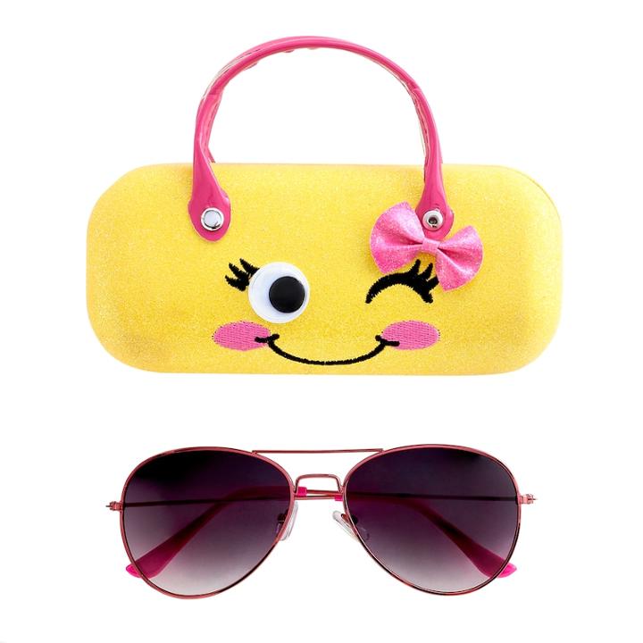 Girls 4-16 Aviator Sunglasses & Winking Face Case Set, Pink