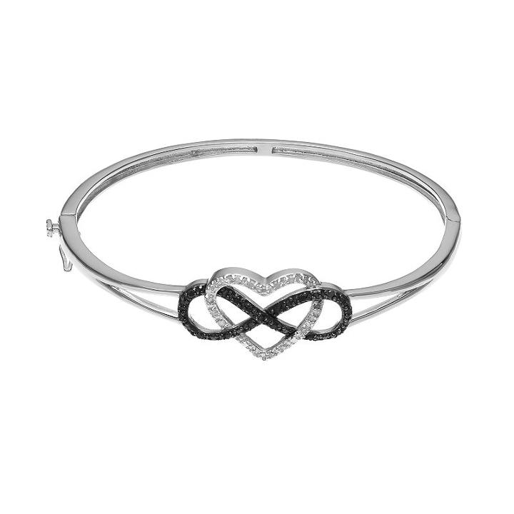 1/4 Carat T.w. Black & White Diamond Sterling Silver Heart & Infinity Bangle Bracelet, Women's