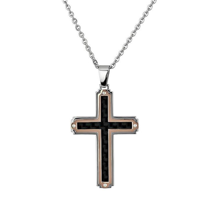 Lynx Two Tone Ion-plated Stainless Steel Cross Pendant - Men, Size: 22, Pink