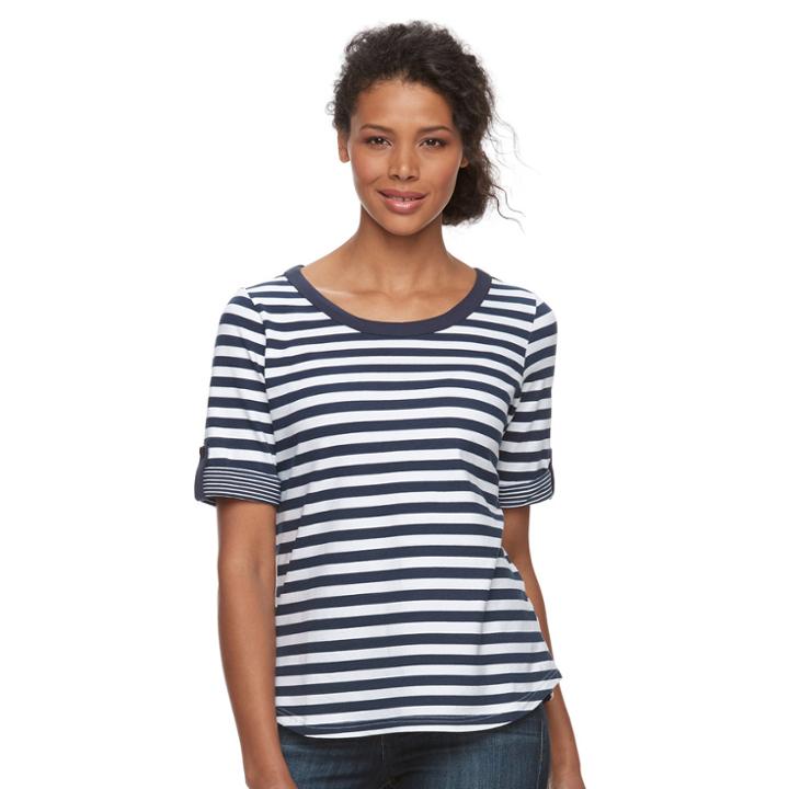 Women's Caribbean Joe Striped Elbow-sleeve Tee, Size: Small, Dark Blue