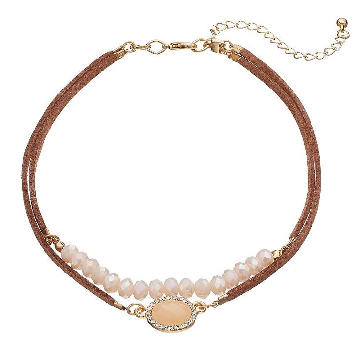 Brown Faux Suede Oval Stone Double Strand Choker Necklace, Women's