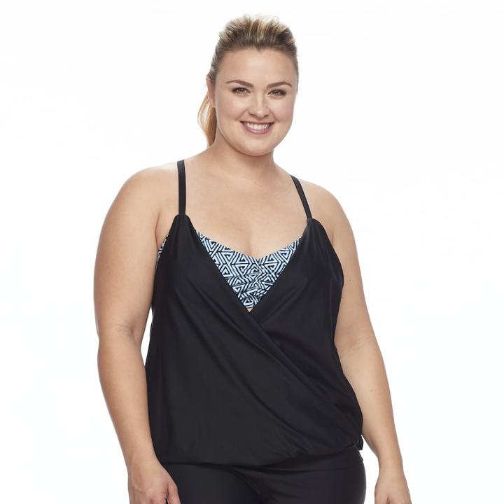 Plus Size N Wrap Front Double Up Waist Minimizer Tankini Top, Women's, Size: 1xl, Blue