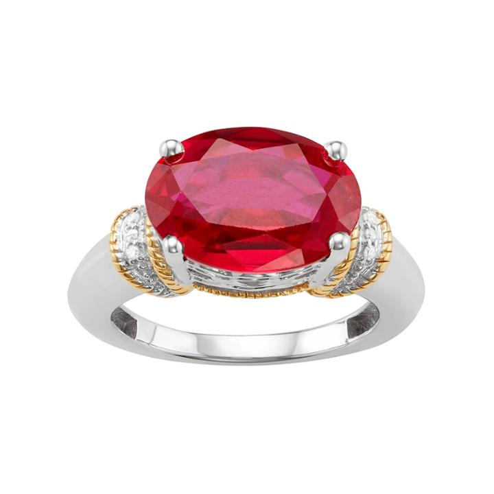 Two Tone Sterling Silver Lab-created Ruby & Diamond Accent Ring, Women's, Size: 8, White