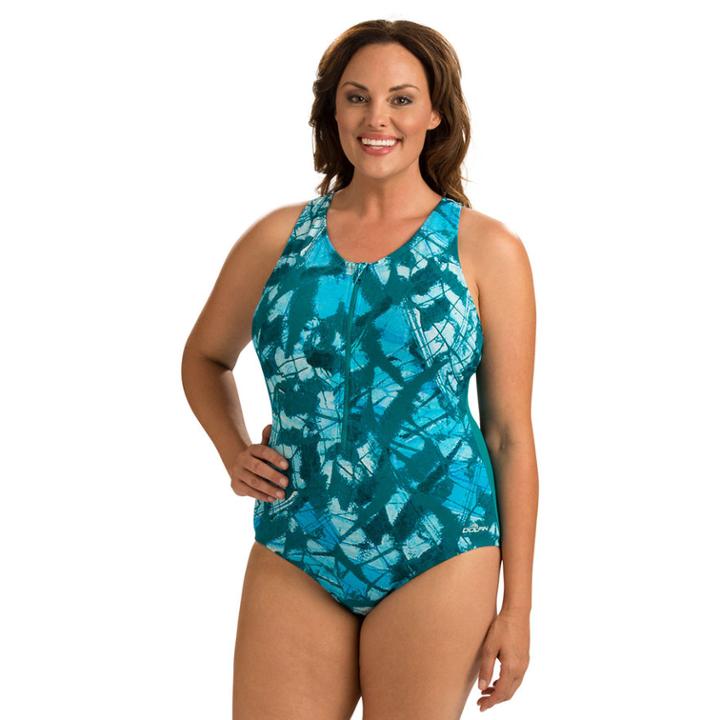 Plus Size Dolfin Zip One-piece Swimsuit, Women's, Size: 18, Turquoise/blue (turq/aqua)