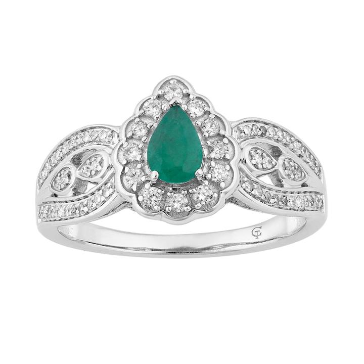 10k White Gold Emerald & 1/3 Carat T.w. Diamond Teardrop Ring, Women's, Size: 8, Green