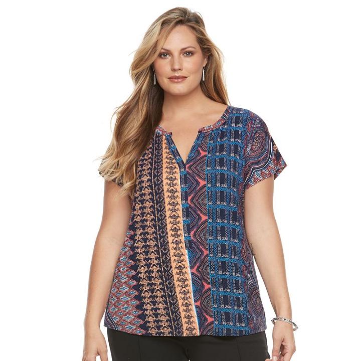 Plus Size Dana Buchman Printed Splitneck Top, Women's, Size: 2xl, Blue