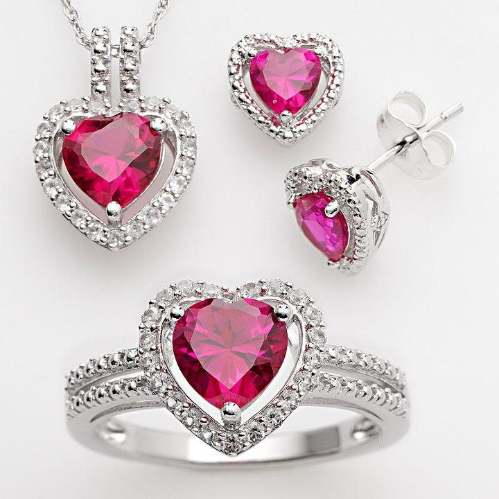 Sterling Silver Lab-created Ruby And Lab-created White Sapphire Heart Pendant, Ring And Earring Set, Women's, Red