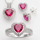 Sterling Silver Lab-created Ruby And Lab-created White Sapphire Heart Pendant, Ring And Earring Set, Women's, Red