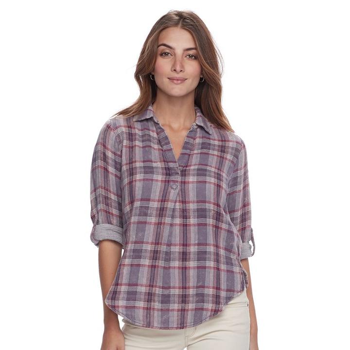 Petite Sonoma Goods For Life™ Plaid Splitneck Shirt, Women's, Size: S Petite, Purple