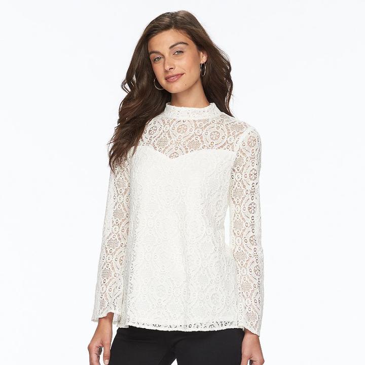 Women's Ab Studio Illusion Lace Top, Size: Xlrg Av/rg, White Oth