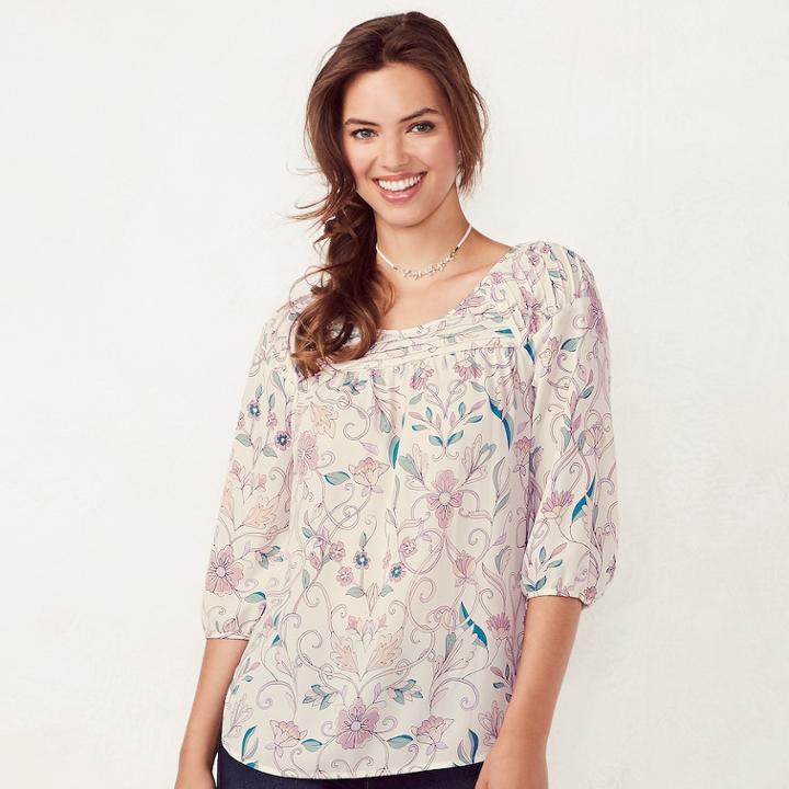 Women's Lc Lauren Conrad Printed Chiffon Peasant Top, Size: Xl, White