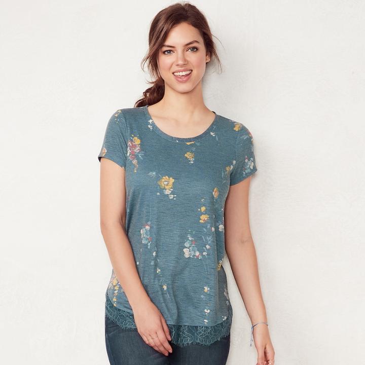 Women's Lc Lauren Conrad Lace-trim Top, Size: Medium, Dark Blue