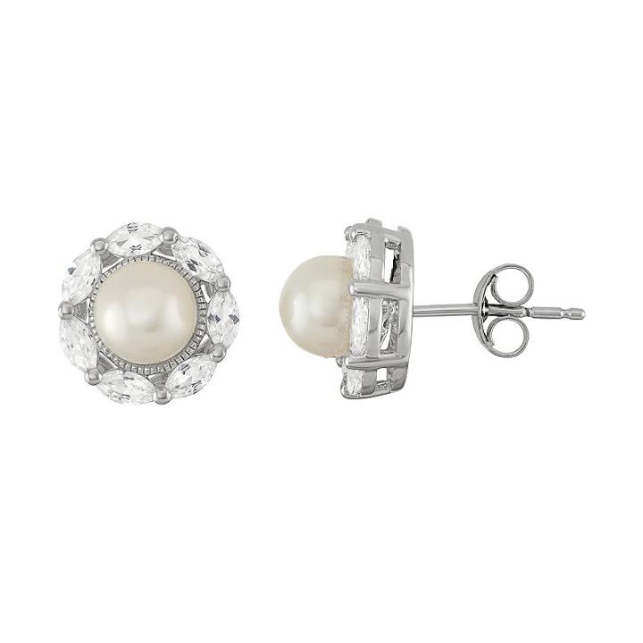 Sterling Silver Freshwater Cultured Pearl & Lab-created White Sapphire Halo Stud Earrings, Women's