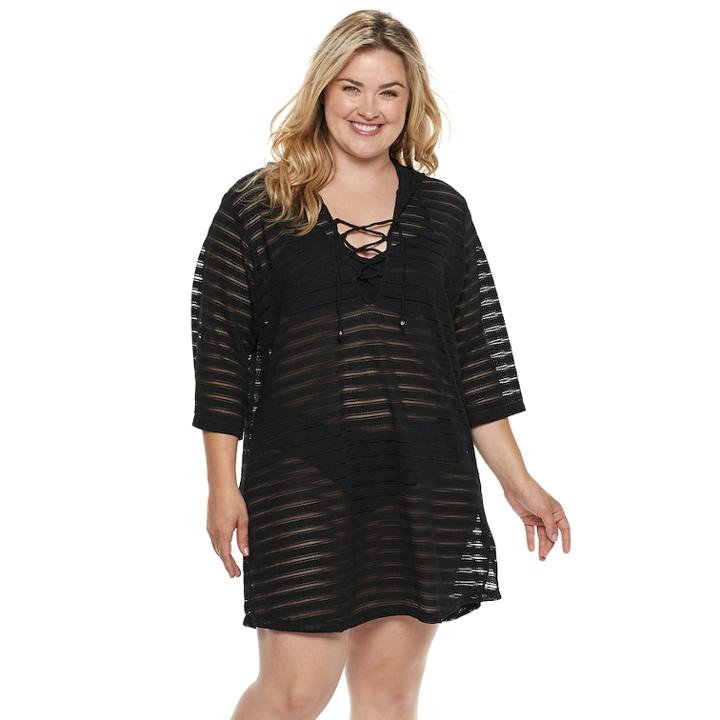 Plus Size Apt. 9&reg; Burnout Stripe Lace-up Hooded Cover-up, Women's, Size: 2xl, Oxford