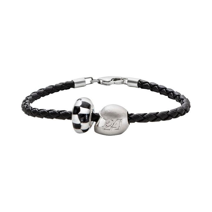 Insignia Collection Nascar Jeff Gordon Leather Bracelet And Sterling Silver 24 Helmet Bead Set, Women's, Size: 7.5, Black