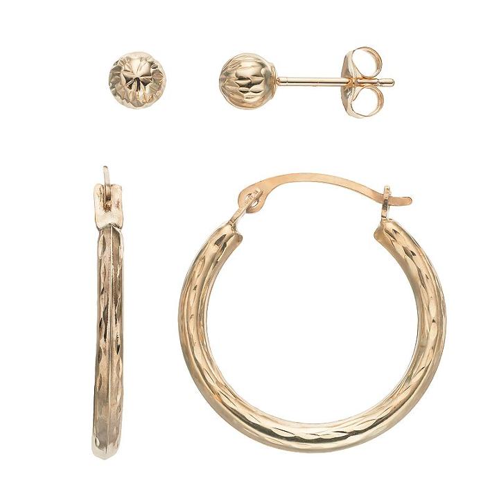 Forever 14k Textured Hoop & Ball Stud Earring Set, Women's, Gold