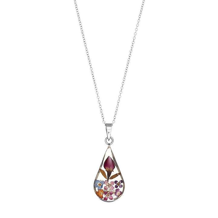 Sterling Silver Pressed Flower Teardrop Pendant Necklace, Women's, Size: 18, Multicolor