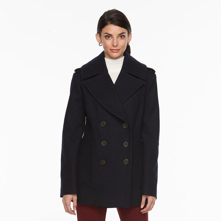 Women's Croft & Barrow&reg; Double-breasted Wool Blend Peacoat, Size: Small, Blue (navy)