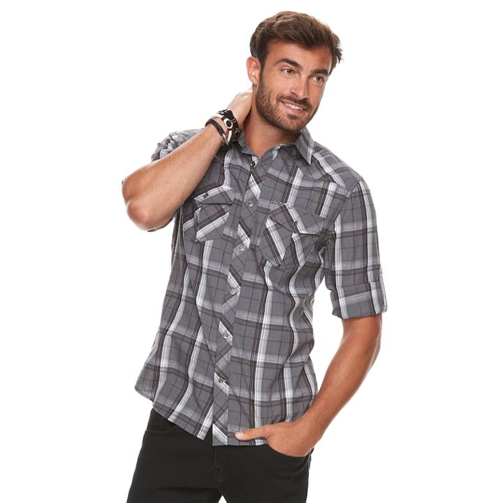 Men's Rock & Republic Western Plaid Button-down Shirt, Size: Medium, Med Grey