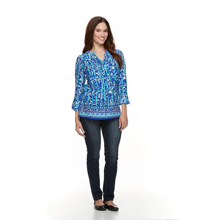 Women's Caribbean Joe Abstract Print Roll-tab Top, Size: Large, Turquoise/blue (turq/aqua)