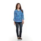 Women's Caribbean Joe Abstract Print Roll-tab Top, Size: Large, Turquoise/blue (turq/aqua)