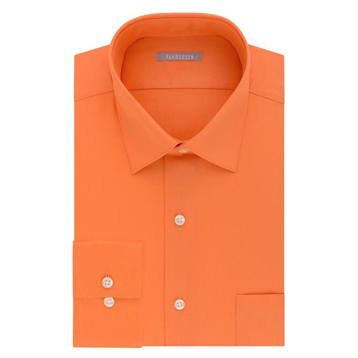 Men's Van Heusen Fitted Athletic Solid Lux Sateen No Iron Spread Collar Dress Shirt, Size: 18.5-34/35, Med Orange