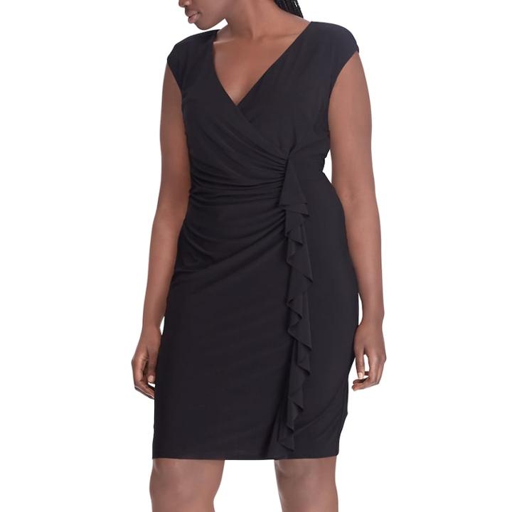 Plus Size Chaps Ruffled Faux-wrap Dress, Women's, Size: 18 W, Black