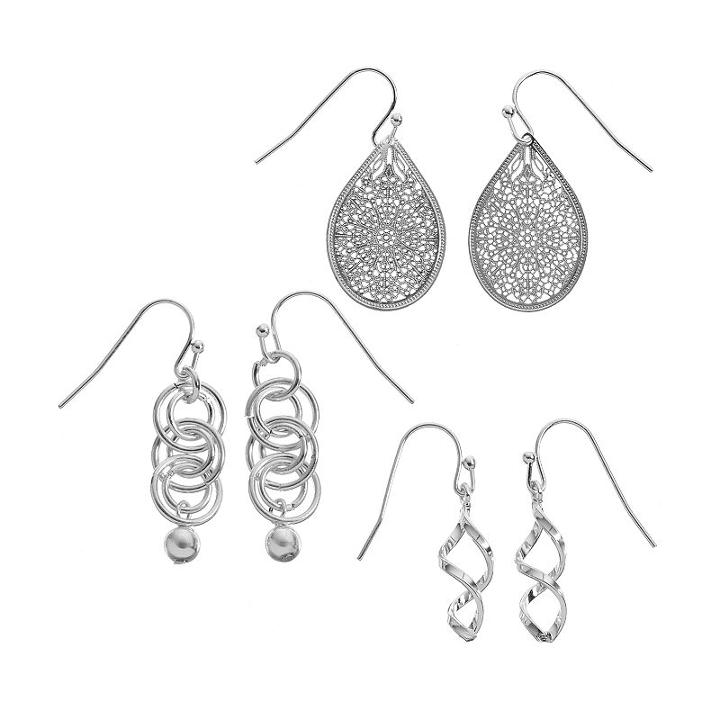 Apt. 9&reg; Twist, Hoop & Filigree Drop & Teardrop Earring Set, Women's, Silver