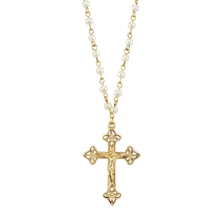 1928 14k Gold-plated Simulated Pearl Crucifix Pendant Necklace, Women's, Size: 16, Yellow
