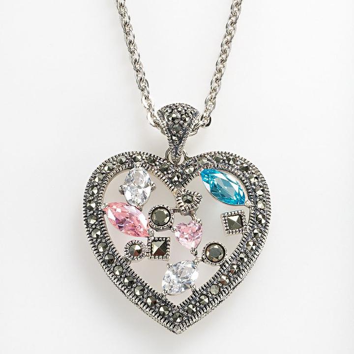 Lavish By Tjm Sterling Silver Cubic Zirconia And Simulated Quartz Openwork Heart Pendant - Made With Swarovski Marcasite, Women's, Grey