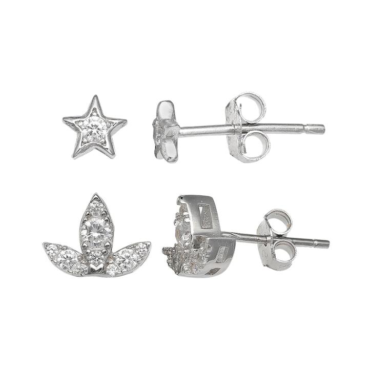 Primrose Sterling Silver Cubic Zirconia Star & Lotus Flower Stud Earring Set, Women's, White