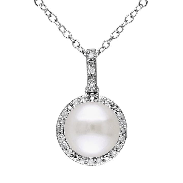 Stella Grace Freshwater Cultured Pearl & 1/10 Carat T.w. Diamond Sterling Silver Halo Pendant Necklace, Women's, Size: 18, White