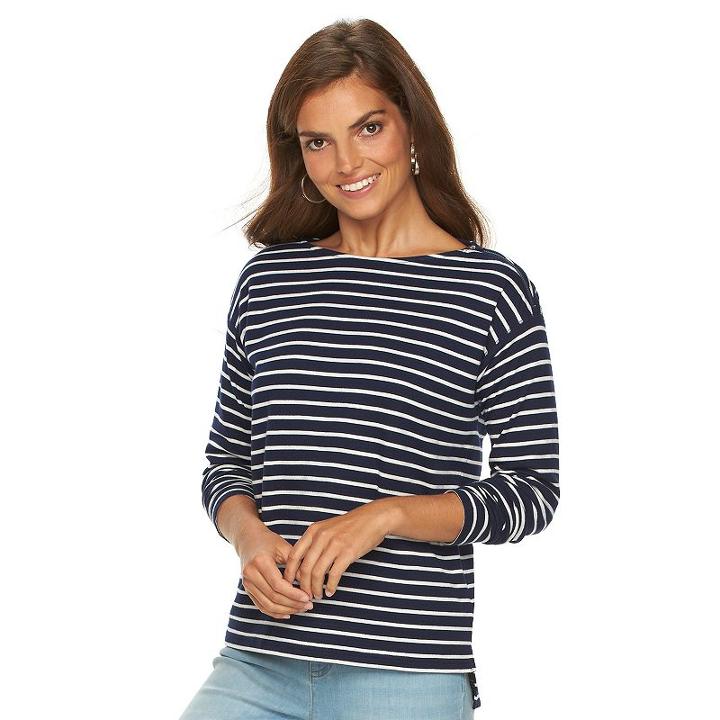 Women's Chaps Striped Zipper Shoulder Tee, Size: Small, Blue (navy)