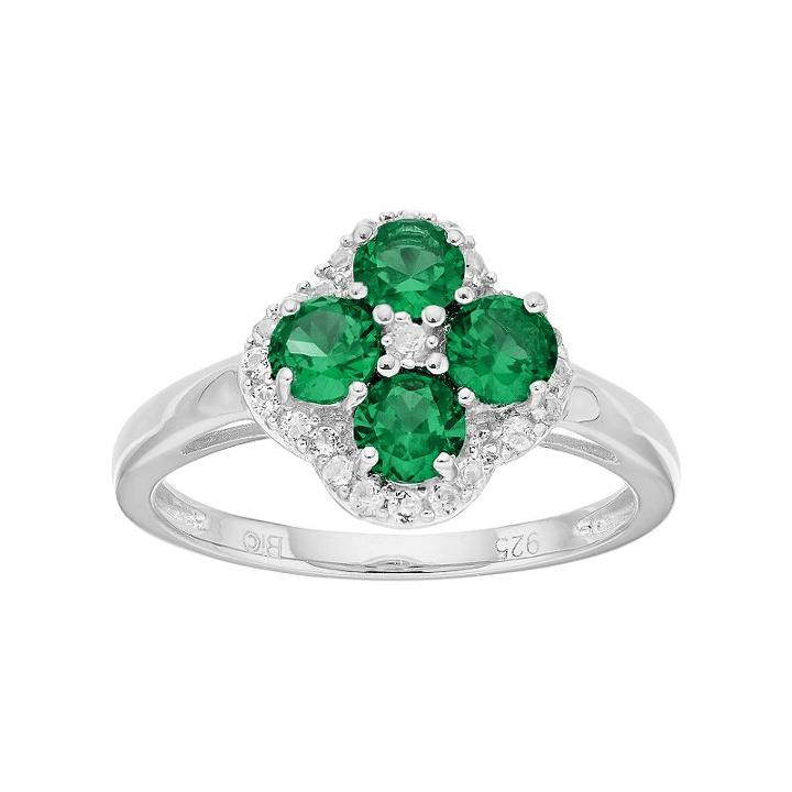 Sterling Silver Lab-created Emerald & White Topaz Flower Ring, Women's, Size: 7, Green