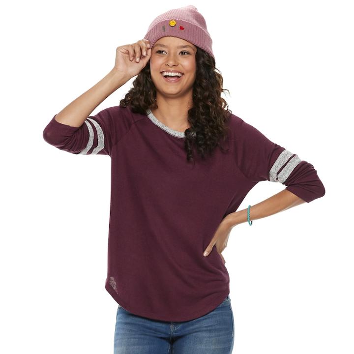 Juniors' So&reg; Long Sleeve Varsity Tee, Teens, Size: Medium, Drk Purple