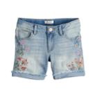 Girls 7-16 & Plus Size Mudd&reg; Embroidered Floral Frayed & Rolled Cuff Denim Shorts, Size: 14, Dark Blue
