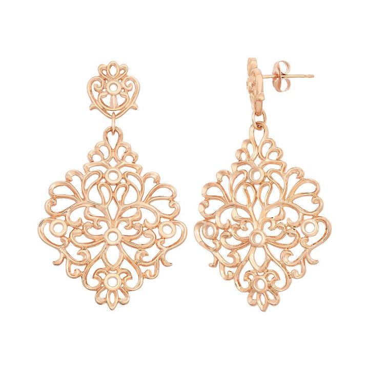 18k Rose Gold Over Silver Floral Filigree Drop Earrings, Women's, Pink