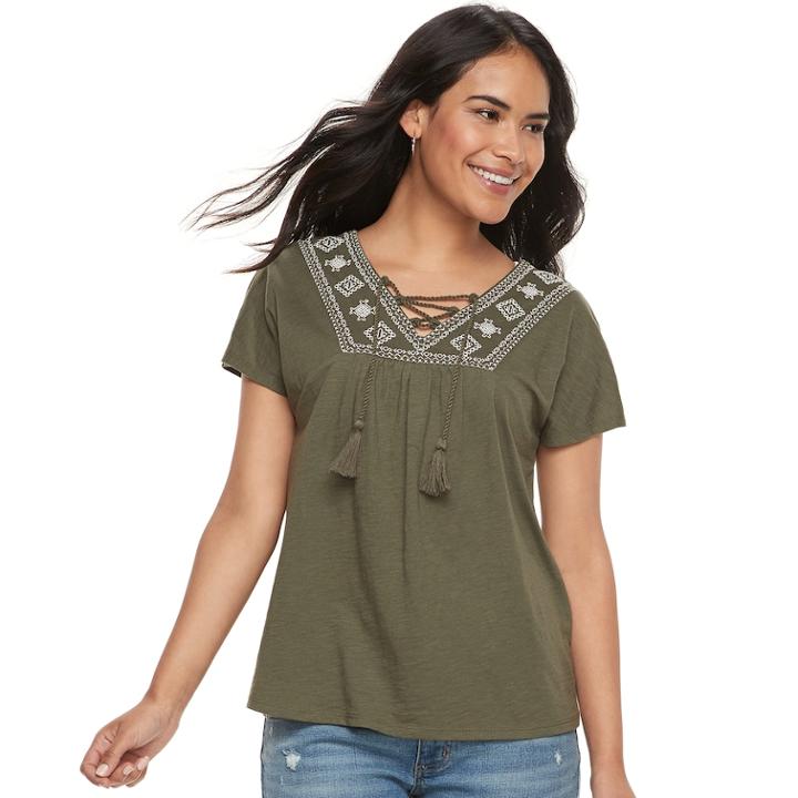 Petite Sonoma Goods For Life&trade; Embroidered Lace-up Top, Women's, Size: M Petite, Green