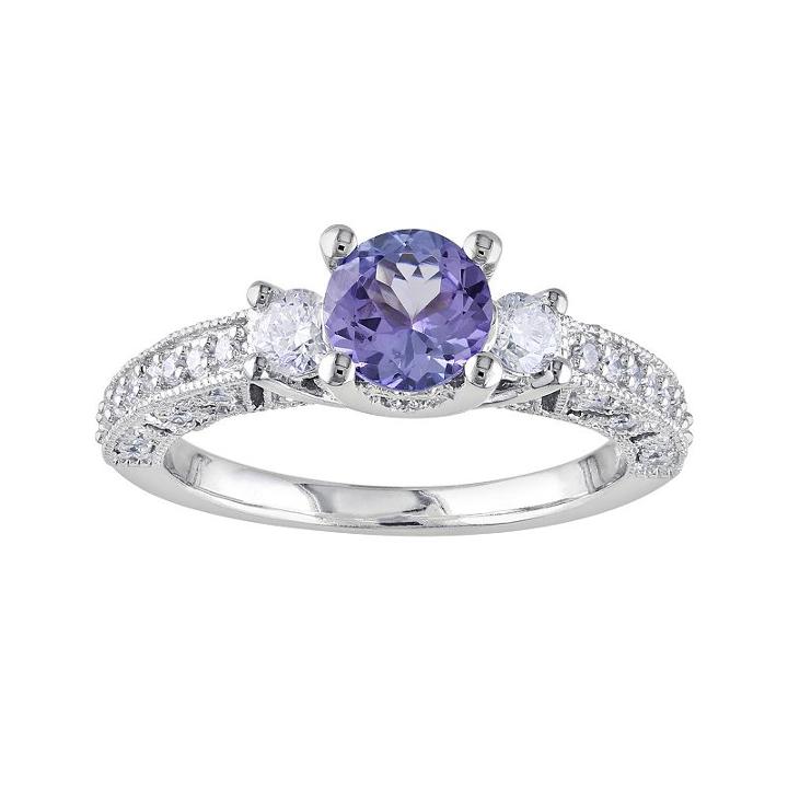 14k White Gold 1/2-ct. T.w. Round-cut Diamond And Tanzanite 3-stone Wedding Ring, Women's, Size: 6, Purple