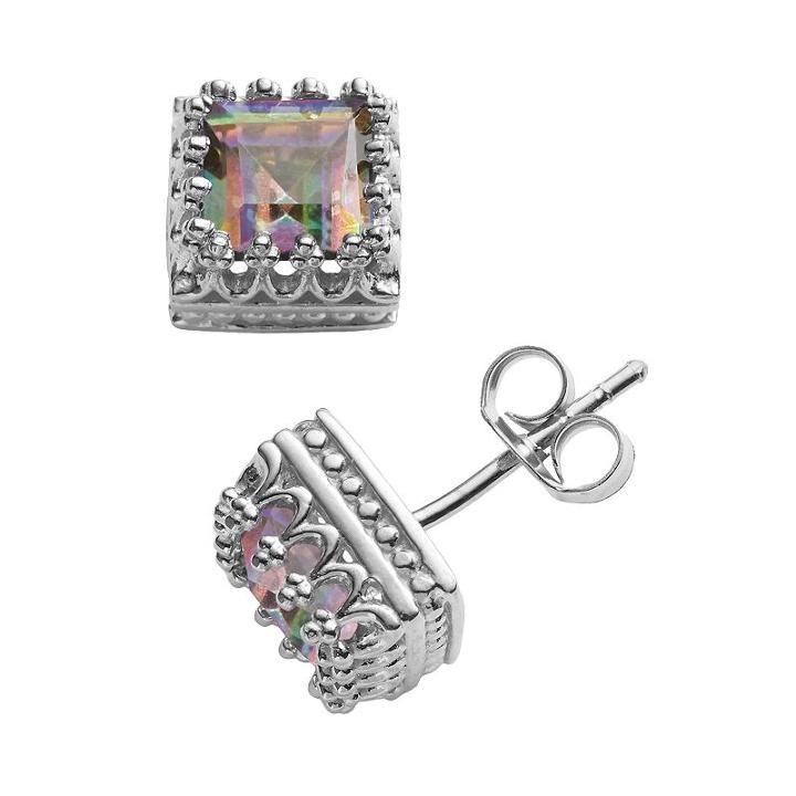 Sterling Silver Genuine Rainbow Quartz Crown Stud Earrings, Women's, Multicolor