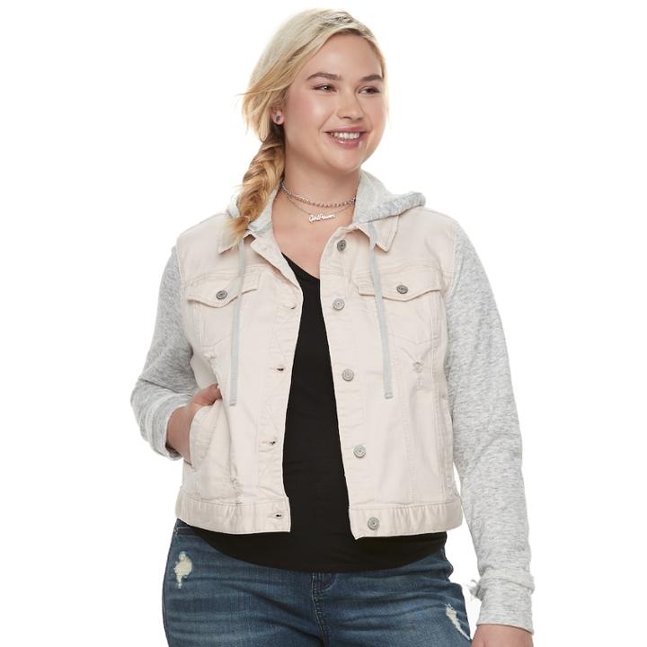 Juniors' Plus Size Mudd&reg; Knit-sleeve Denim Jacket, Teens, Size: 3xl, Light Pink